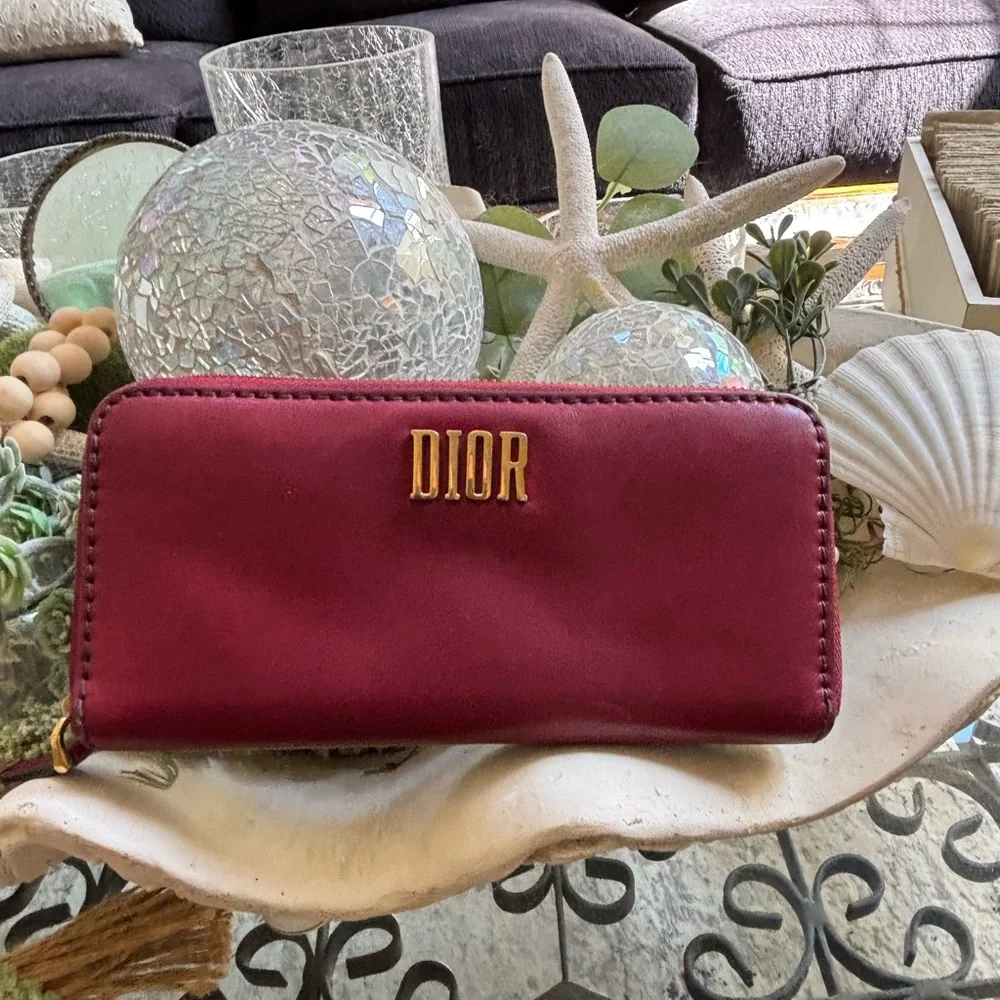 Rare! Christian Dior Leather Red long Wallet Gold iconic zippy wallet clean!